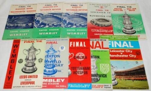 F.A. Cup Final programmes 1960-1969. A complete run of ten Wembley F.A. Cup Final programmes for seasons 1959/60-1968/69. Pencil annotations to teams page on the 1960 programme, some staining to wrappers of the 1962, small tear to spine of the 1963, score