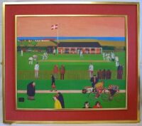 Michael Lewis (b. 1943). Attractive original oil on canvas painting in the 'naive style' of a cricket scene with a match in progress, the pavilion in the background, and the sea and beach huts in the distance. The club flag with a white cross on red field