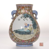A Famille Rose Figural Zun Vase Qianlong Mark