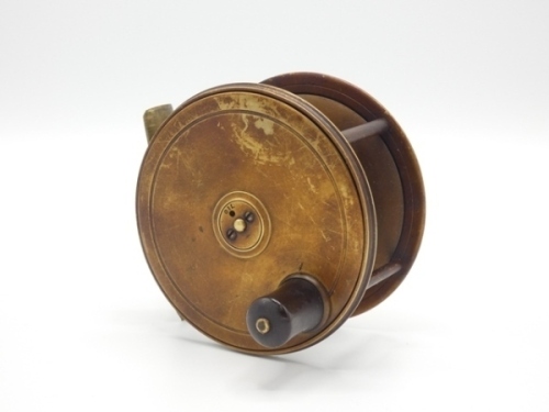 A Farlow Patent Lever 4" brass salmon fly reel and block leather case, waisted horn handle, pierced foot, filed at one end, quadruple cage pillars and rear raised disc tension adjuster, backplate script engraved model details, circa 1890 and a Farlow blo