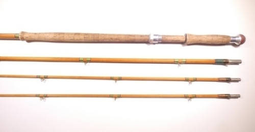 A Hardy "LRH Salmon Fly" 3 piece (2 tips) cane salmon fly rod, 14', #10, green/crimson tipped wraps, sliding alloy screw grip reel fitting, lockfast joints, mid-section ferrule re-whipped, 1966, in bag