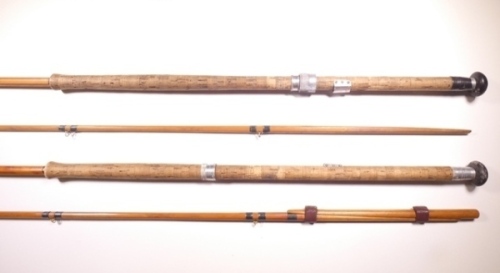 A scarce Walker Bampton "Special Spliced" 2 piece cane salmon fly rod, 14', dark green silk whippings, sliding alloy reel fitting, tapered ash splice protectors and another similar Walker Bampton "Special Spliced" 14' 2 piece spliced cane salmon rod, in 