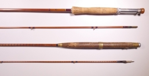 A Sharpe's "Scottie" 2 piece cane trout/sea-trout fly rod, 9'6", crimson silk wraps, alloy screw grip reel fitting, extension butt, little used condition, in bag and leather trimmed canvas covered tube and a Hardy "Pope" 2 piece cane trout fly rod, 10', 