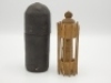 A rare 19th Century treen float and line compendium, the outer wooden receiver carved with ten cast holders (two with minor chips) and with central cylindrical four section cap/shot containers with acorn finial screw top, in original dome topped papier ma - 2