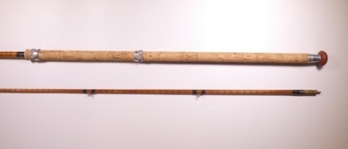 A rare early B. James pre-production "S/U Mk. IV" 2 piece cane carp rod, 10', green silk inter-whipped, trumpet cork handle with sliding alloy reel fittings, brass suction ferrule, with spigot male fitting, clear agate lined butt and tip rings, transfer 