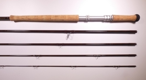 A good Loop "Opti Power Spey" 5 piece carbon salmon fly rod, 15', #10/11, brown silk wraps, alloy screw grip reel fitting, only very light signs of use, in bag and cloth covered tube
