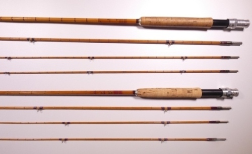 A Hardy "Kenya" 3 piece (2 tips) cane trout fly rod, 8', crimson/scarlet tipped wraps, tan inter-whippings, alloy screw grip reel fitting, suction joints, 1937, re-whipped, in bag and a Hardy "No.2 Deluxe" 3 piece (2 tips cane trout fly rod, 9', crimson w