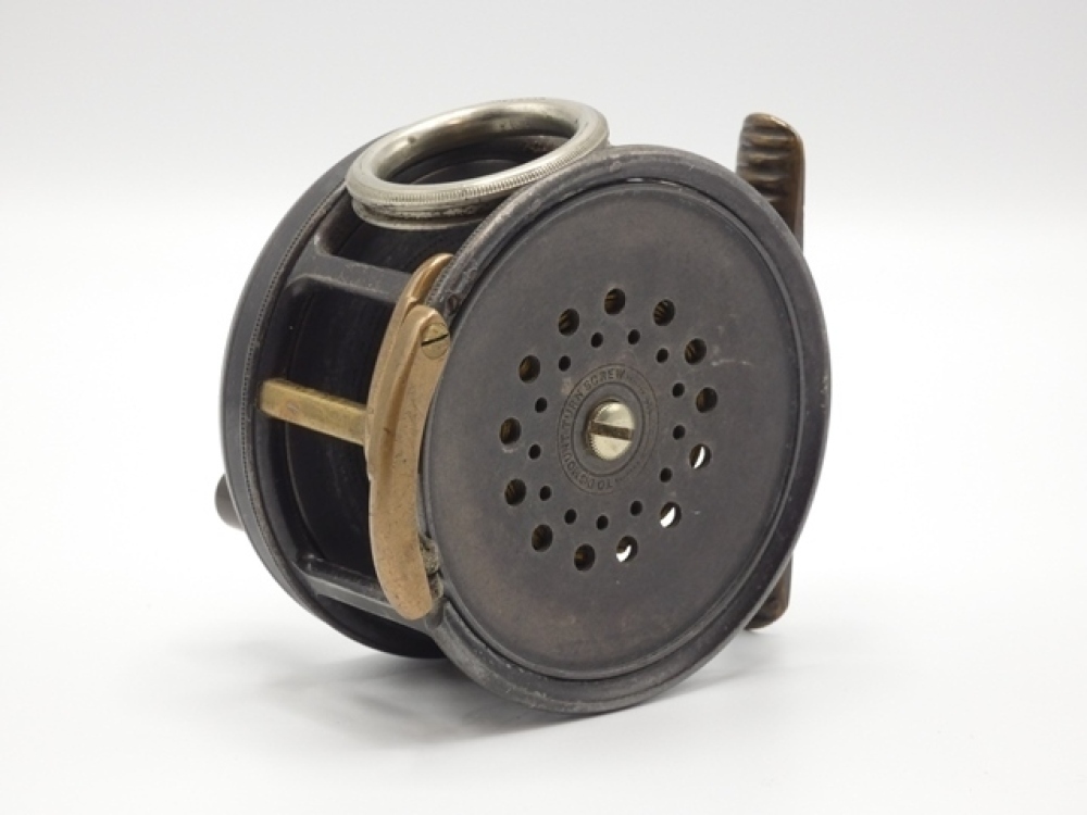 A rare Hardy Perfect 3 ½ auxiliary brake salmon fly reel, ebonite ...