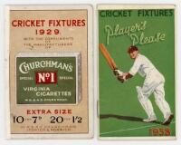Cricket fixture cards 1929 &amp; 1938. Two original advertising fixture card booklets issued by Churchman's Cigarettes 1929, and Player's 1938. The 1929 booklet with tape reinforcement to spine, the 1938 with adhesive marks to rear wrapper, otherwise in g