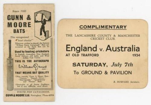 The Ashes 1934. Gunn &amp; Moore folding advertising fixture card for season 1934. Sold with an official Complimentary ticket to ground and pavilion for England v Australia, Old Trafford, Saturday 7th July 1934. Qty 2. G - cricket