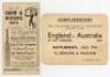 The Ashes 1934. Gunn &amp; Moore folding advertising fixture card for season 1934. Sold with an official Complimentary ticket to ground and pavilion for England v Australia, Old Trafford, Saturday 7th July 1934. Qty 2. G - cricket