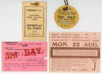 The Ashes 1938. Four tickets from the 1938 England v Australia Ashes series. Circular ticket with cord for admission to the Members' Enclosures, Lord's, 25th June 1938. Complimentary ticket for admission to the Australian Enclosure, Lord's, 27th June 1938