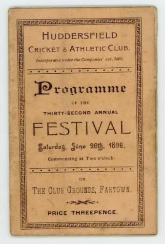 'Programme of the Thirty-Second Festival', Huddersfield Cricket &amp; Athletic Club, Fartown, 20th June 1896. Small 36pp booklet comprising Plan of the Ground, list of Club officials, travel arrangements, programme of cycling and athletics races etc. Ligh
