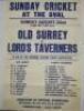 'Sunday Cricket at the Oval. Old Surrey v Lord's Taverners' 1965. Original poster for the match played 22nd August 1965 in aid of the National Playing Fields Association. Notable players listed and who played in the match include for Old Surrey, May, Bart