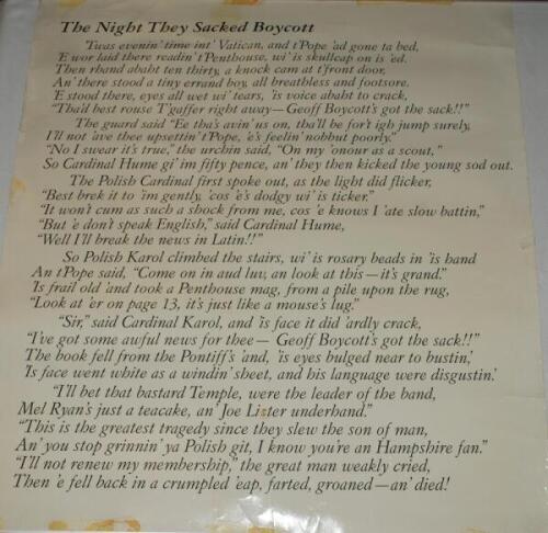 'The Night They Sacked Boycott'. Original poster of a humorous poem in six stanzas describing the breaking of the news to Pope John I of the sacking of Geoffrey Boycott as captain of Yorkshire C.C.C. 'Thou best raise T'gaffer right away- Geoff Boycott's g
