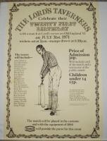 'The Lord's Taverners Celebrate their Twenty First Birthday' 1971. Original poster produced for the match v An Old England XI at Lord's, 31st July 1971, 'played in the costume and with the equipment of 1884'. Listed names of participants include Barringto