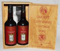 'England v Australia 1880-1980. Cricket Centenary Vintage Port. Australia's First Test Team III'. Two bottles of vintage port 'From the Cellars of Rhine Castle Wines', Australia. One vintage for 1976 with label depicting George Eugene Palmer 'Medium-Pace 