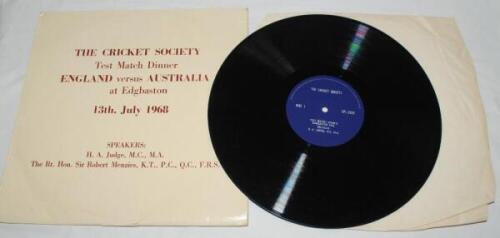'The Cricket Society. Test Match Dinner England v Australia at Edgbaston 13th July 1968'. Official 33rpm record of the speakers H.A. Judge and Sir Robert Menzies. Some wear to sleeve, the record appears to be in very good condition - cricket