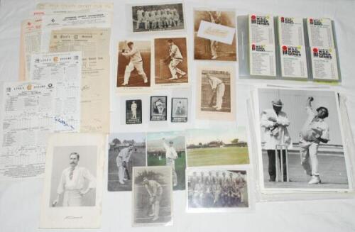 Cricket ephemera. A selection of photographs, images, scorecards, trade cards, postcards, brochures etc. The odd item signed. Contents include a good signature in ink of Len Braund (Surrey, Somerset, London County &amp; England 1896-1920) on piece laid to