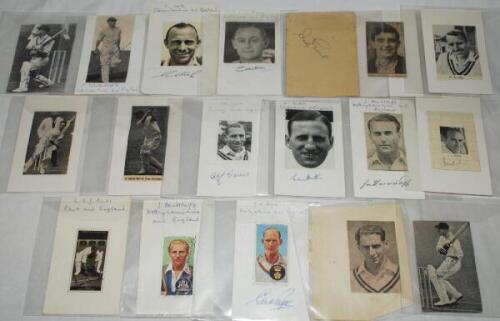 Cricket autographs 1930s-2000s. A selection of twenty six signatures in ink signed to cards and small pages, the majority with cigarette card or cutting image laid down. Some signatures signed to cigarette card/ image. Earlier signatures include Les Ames,