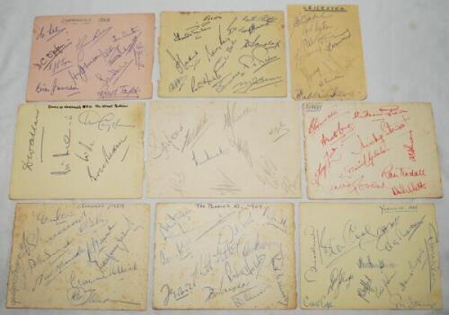 County and representative team autographs 1960s/1970s. A selection of eight album pages, each page signed in ink and pencil by members of respective teams. One page signed back to back. Counties are Derbyshire (12 signatures one page), Essex (12), Leicest