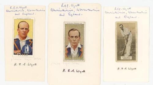 Robert Elliott Storey 'R.E.S.' Wyatt. Warwickshire, Worcestershire &amp; England 1923-1951. Three cigarette cards of Wyatt, each laid down to white card and signed in ink in later years by Wyatt. Sold with a signed magazine cutting image of Wyatt, and a m