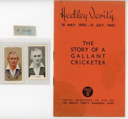Hedley Verity. Yorkshire &amp; England 1930-1939. Good ink signature of Verity on small piece. Sold with 'Hedley Verity. The Story of a Gallant Cricketer' published by 'The Yorkshire Observer' as a fundraiser for the Hedley Verity Memorial Fund in 1945. A