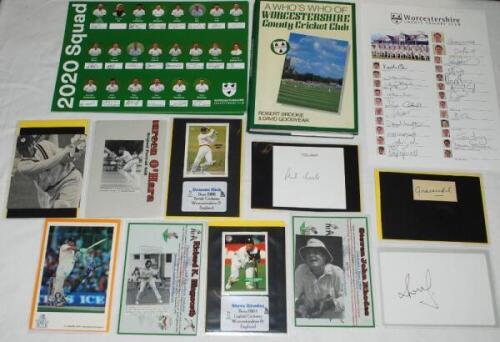 Worcestershire C.C.C. Seventeen signatures of Worcestershire players on press photo cuttings, cards, trade cards etc. Signatures are Glenn Turner, Tim Curtis, Graeme Hick (three different), Phil Neale, Steven Rhodes (2), Richard Illingworth, Phil Newport,