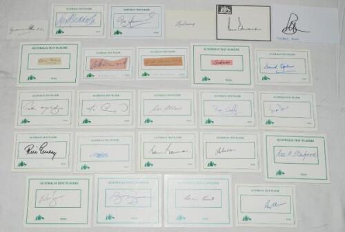 Australian Test signatures 1930s-2010s. Twenty five signatures on white cards, some with printed titles/ borders. Some signatures on pieces laid down. Earlier signatures include Ebeling, Hurwood, Hornibrook, Darling (2), Brown, Thoms, Booth, Hole, Maddock