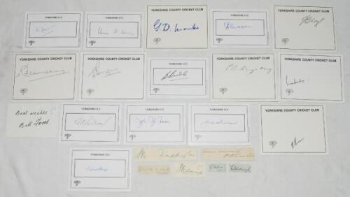 Yorkshire C.C.C. signatures 1900s-2000s. Over sixty signatures, the majority on white cards with printed titles/ borders, the odd signature on loose piece, including some rarer signatures. Earlier signatures include A.W. White, A. Waddington, E. Oldroyd, 