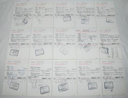 South Africa 1999. Fifteen original immigration landing cards, each signed by the respective South Africa cricketer, and date stamped by the immigration office. Signatures are Jacques Kallis, Derek Crookes, Steven Ellworthy, Alan Dawson, Gary Kirsten, Lan