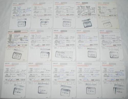 Pakistan 1997-1999. Fifteen original immigration landing cards, each signed by the respective Pakistan cricketer, and date stamped by the immigration office. Signatures are Saeed Anwar, Abdul Razzak, Wajahatullah Wasti, Shoaib Akhtar, Wasim Akram, Javed M