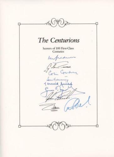 'The Centurions- Scorers of 100 First-Class Centuries'. Headed book insert by Boundary Books containing the ink signatures of nine players who have achieved the feat. Signatures, nicely signed in ink, by Don Bradman, Glenn Turner, Colin Cowdrey, Tom Grave
