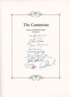 'The Centurions- Scorers of 100 First-Class Centuries'. Headed book insert by Boundary Books containing the ink signatures of nine players who have achieved the feat. Signatures, nicely signed in ink, by Don Bradman, Glenn Turner, Colin Cowdrey, Tom Grave