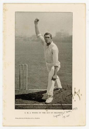 Samuel Moses James 'Sammy' Woods. Cambridge University, Somerset &amp; England 1888-1910. Original bookplate photograph of Woods in bowling pose taken from Ranjitsinhji's 'The Jubilee Book of Cricket'. Nicely signed to lower right corner in black ink by W