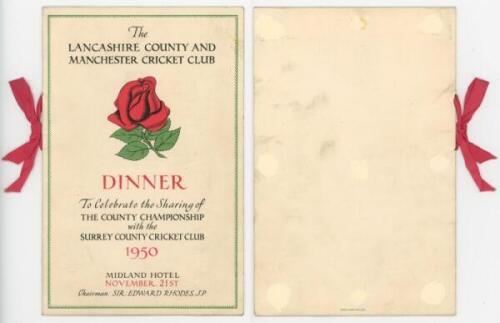 'The Lancashire County and Manchester Cricket Club. Dinner to celebrate the sharing of the County Championship with the Surrey County Cricket Club 1950'. Official menu for the Dinner held at the Midland Hotel on the 21st November 1950. With excellent deco