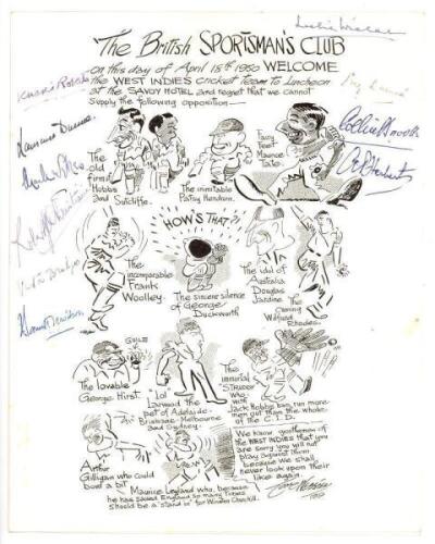 West Indies tour to England 1950. Official menu for the luncheon held for the West Indies touring party by The British Sportsman's Club at the Savoy, 18th April 1950. The front features cartoons of the England team by Tom Webster. To the inside cover a po