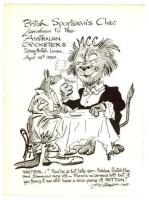 Australia tour to England 1953. Official menu for the luncheon held for the Australian touring party by The British Sportsman's Club at the Savoy, 16th April 1953. The front features a cartoon by Tom Webster of a lion sitting at a restaurant table reading