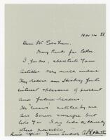 Alfred Powell Rawlins Hawtin. Northamptonshire 1908-1930. Single page handwritten letter in ink from Hawtin to J.D. Coldham, dated 14th November 1957. Hawtin is writing to congratulate Coldham on articles written on the history of Northamptonshire cricket