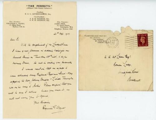 Archibald Campbell MacLaren. Lancashire &amp; England 1890-1914. Original handwritten single page letter addressed to MacLaren with original envelope. The letter, dated 20th October 1937, from and signed by Reginald G. Danks, Hon. Secretary of the Club Cr