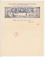 F.S. Ashley-Cooper. Initials 'F.S.A-C.' in red ink on official pictorial letterhead of 'Cricket a Weekly Record of the Game', headed 'Twenty-sixth year of publication' and dated 1907. Horizontal fold, slight splitting to fold, otherwise in very good condi