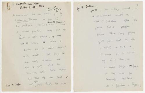 E.V. Lucas. Rare and unique manuscript handwritten by Lucas of an article titled 'Cricket in Odd Places' for the series 'A Wanderer's Note Book', undated but written in 1927 and signed to the first page by Lucas. 23pp. Written in ink in his distinctive ha