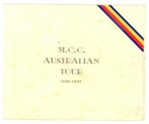 M.C.C. tour to Australia and New Zealand 1936/37. Official M.C.C. Christmas card with title and M.C.C. colours to front cover, printed team photograph and greeting to centre. Signed 'Geo. Duckworth'. Annotation in pencil to rear cover, 'Sent to Maurice Ta