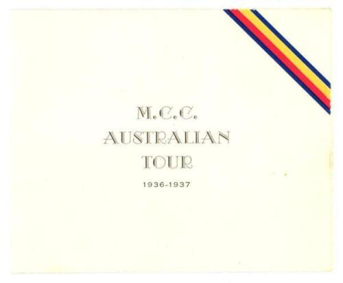 M.C.C. tour to Australia and New Zealand 1936/37. Official M.C.C. Christmas card with title and M.C.C. colours to front cover, printed team photograph and greeting to centre. Signed 'Jim [Sims]'. Complete with original envelope addressed to George Fenner 