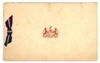 Lord Tennyson's tour of India 1937/38. Official pre-printed Christmas card from the tour with front card wrapper showing Lord Tennyson's coat of arms with colour ribbon tie. With Christmas verse and picture of the team with title and names printed below t