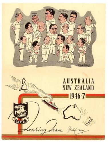 M.C.C. tour to Australia and New Zealand 1946/77. Official M.C.C. Christmas card with title, M.C.C. colours and illustration of the ship en route from Britain to Australia to front cover, caricatures of the touring party by Arthur Mailey to back, greeting