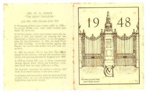 M.C.C. 1948. Official M.C.C. Christmas card with '1948' and illustration of the Grace Gates to front, printed photograph of W.G. Grace and greeting to inside. Signed in ink 'Rockley [Wilson]' (Yorkshire &amp; England). Some foxing, faint tape marks to fol