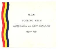 M.C.C. tour of Australia and New Zealand 1950/51. Official M.C.C. Christmas card from the tour with M.C.C. colours to one side. To inside a printed picture of the team and greetings. Signed 'Doug [Wright]'. VG - cricket