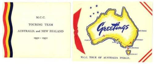 M.C.C. tour of Australia and New Zealand 1950/51. Official M.C.C. Christmas card from the tour with M.C.C. colours to one side. To inside a printed picture of the team and greetings. Signed 'John Warr'. VG. Sold with a card from the same tour produced for