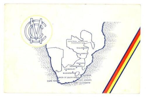 M.C.C. tour of South Africa 1956/57. Official M.C.C. Christmas card from the tour of South Africa with M.C.C. emblem, M.C.C. colours and map of South Africa to front cover. To inside a printed picture of the team and greeting. Signed in blue ink by George